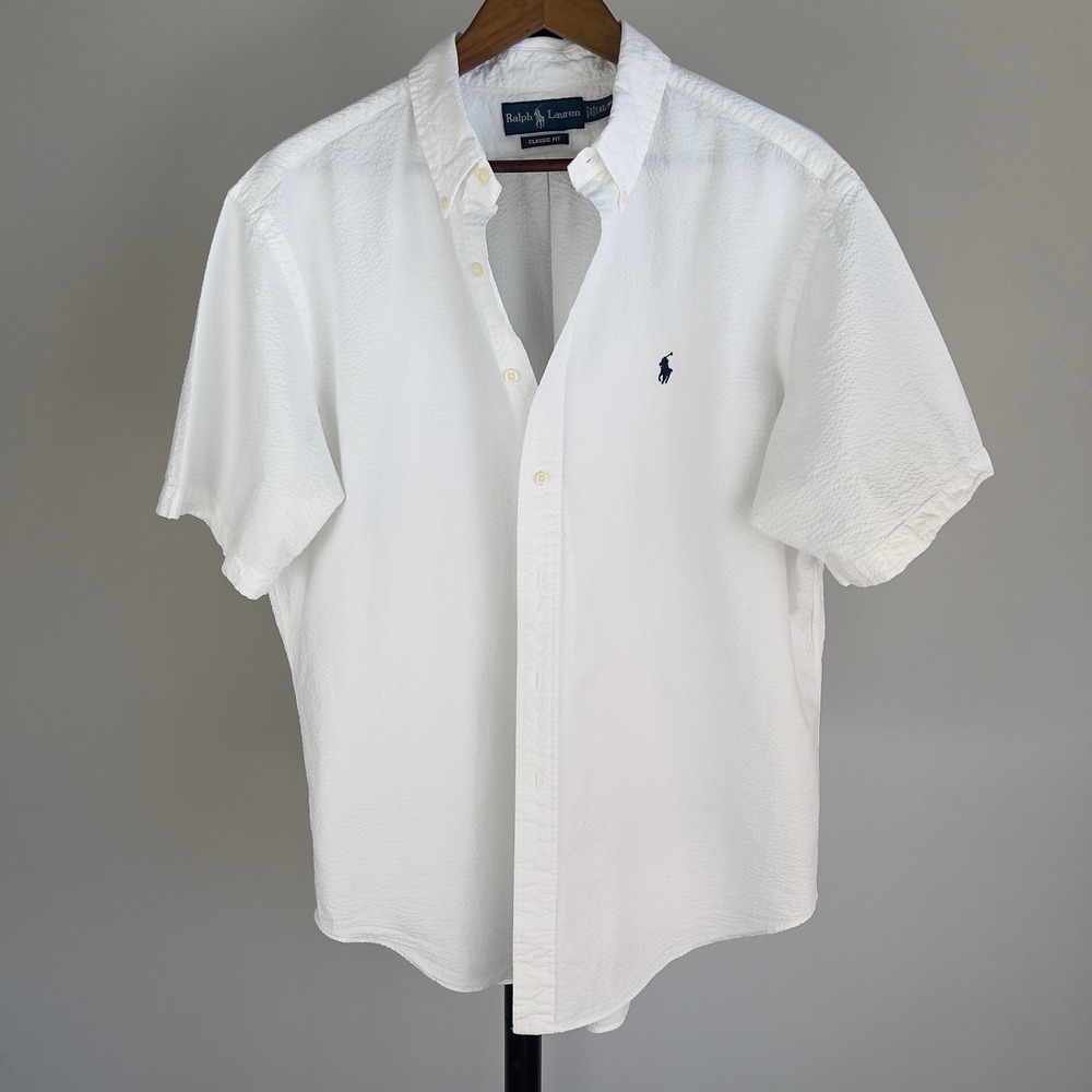 Ralph Lauren Mens XL Classic Fit White Seersucker Short Sleeve Button Down Shirt